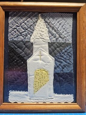 Handmade White & Blue Fabric Church Wall Art
